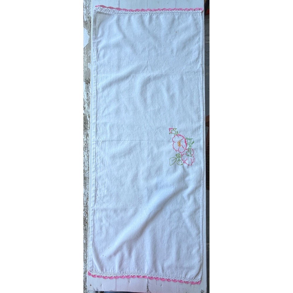 Vintage White Linen Table Runner Pink Crochet Lace Trim Hand Embroidered Floral